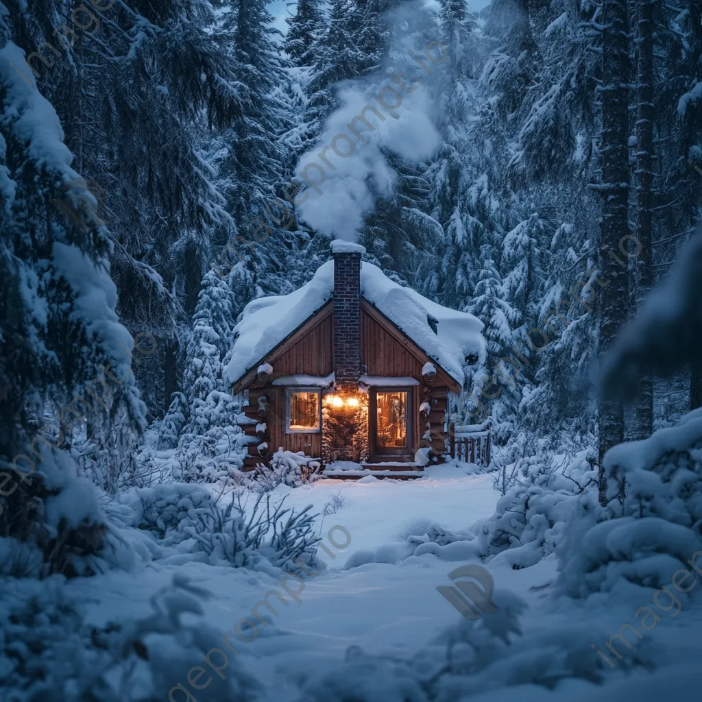 Snow-covered cabin in the woods at dusk - Image 4