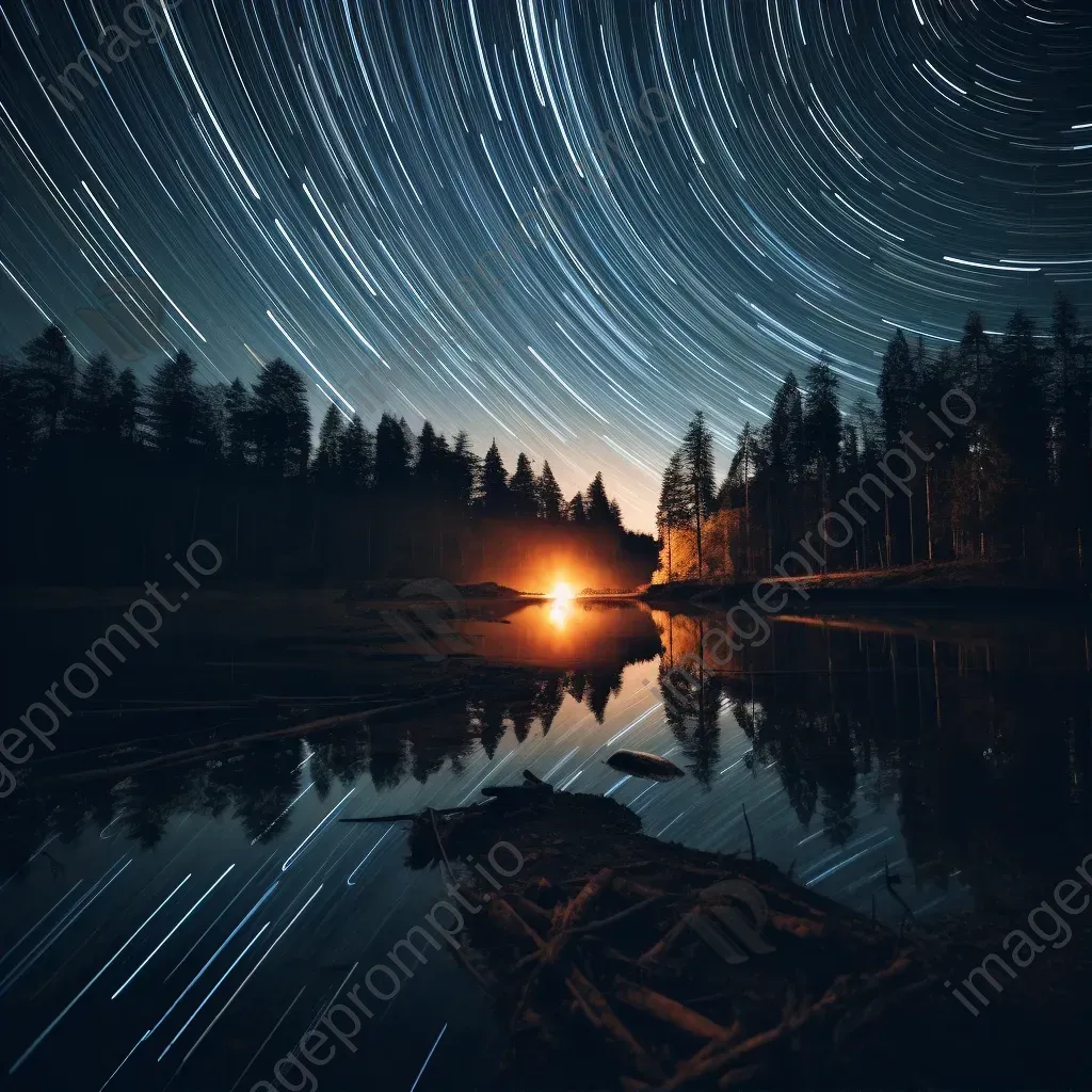 Magical star trails over a tranquil lake reflecting the night sky - Image 1