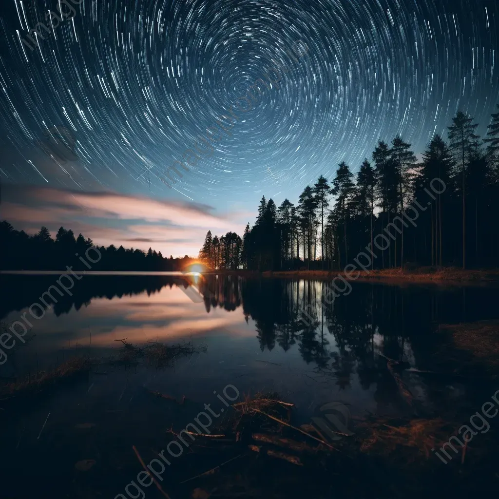 Magical star trails over a tranquil lake reflecting the night sky - Image 2