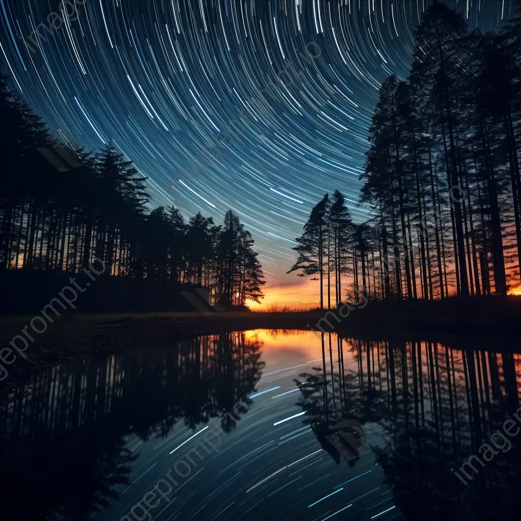 Magical star trails over a tranquil lake reflecting the night sky - Image 3