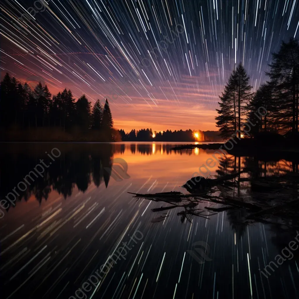 Magical star trails over a tranquil lake reflecting the night sky - Image 4