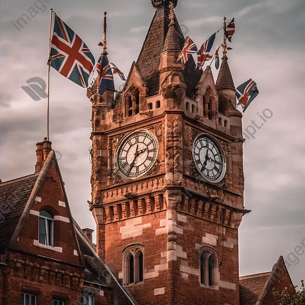 Antique clock tower in town square with flags - Image 2