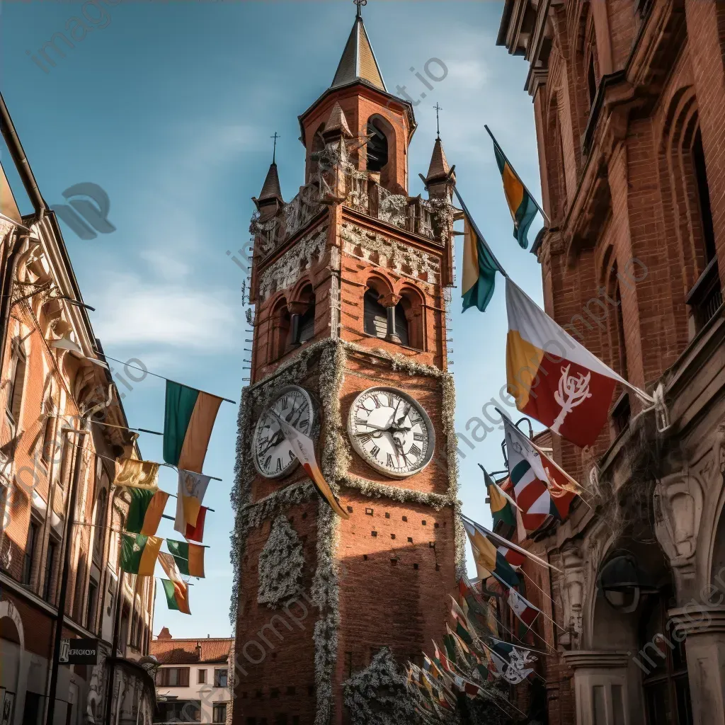 Antique clock tower in town square with flags - Image 4