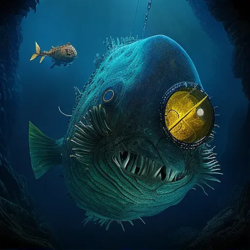 Deep-sea exploration submarine encountering giant anglerfish - Image 1