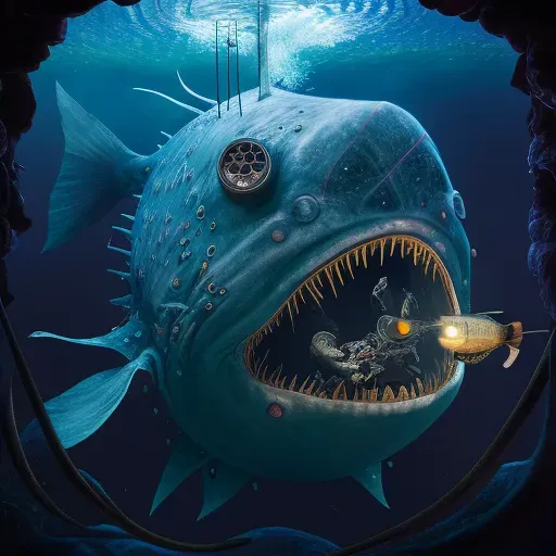 Deep-sea exploration submarine encountering giant anglerfish - Image 2