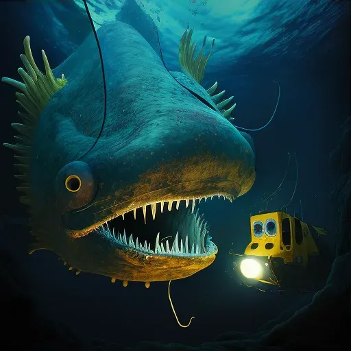 Deep-sea exploration submarine encountering giant anglerfish - Image 3