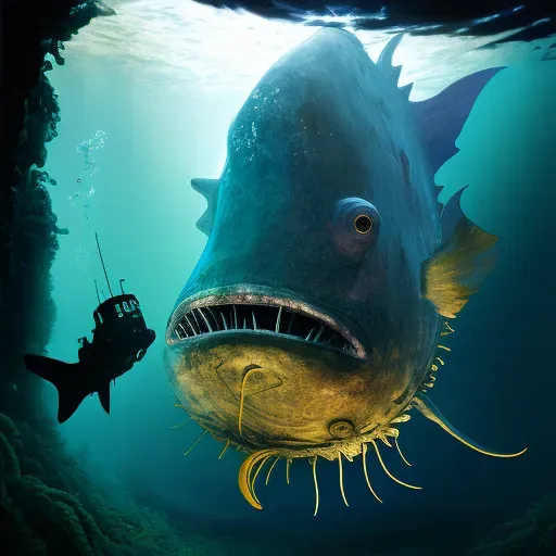 Deep-sea exploration submarine encountering giant anglerfish - Image 4