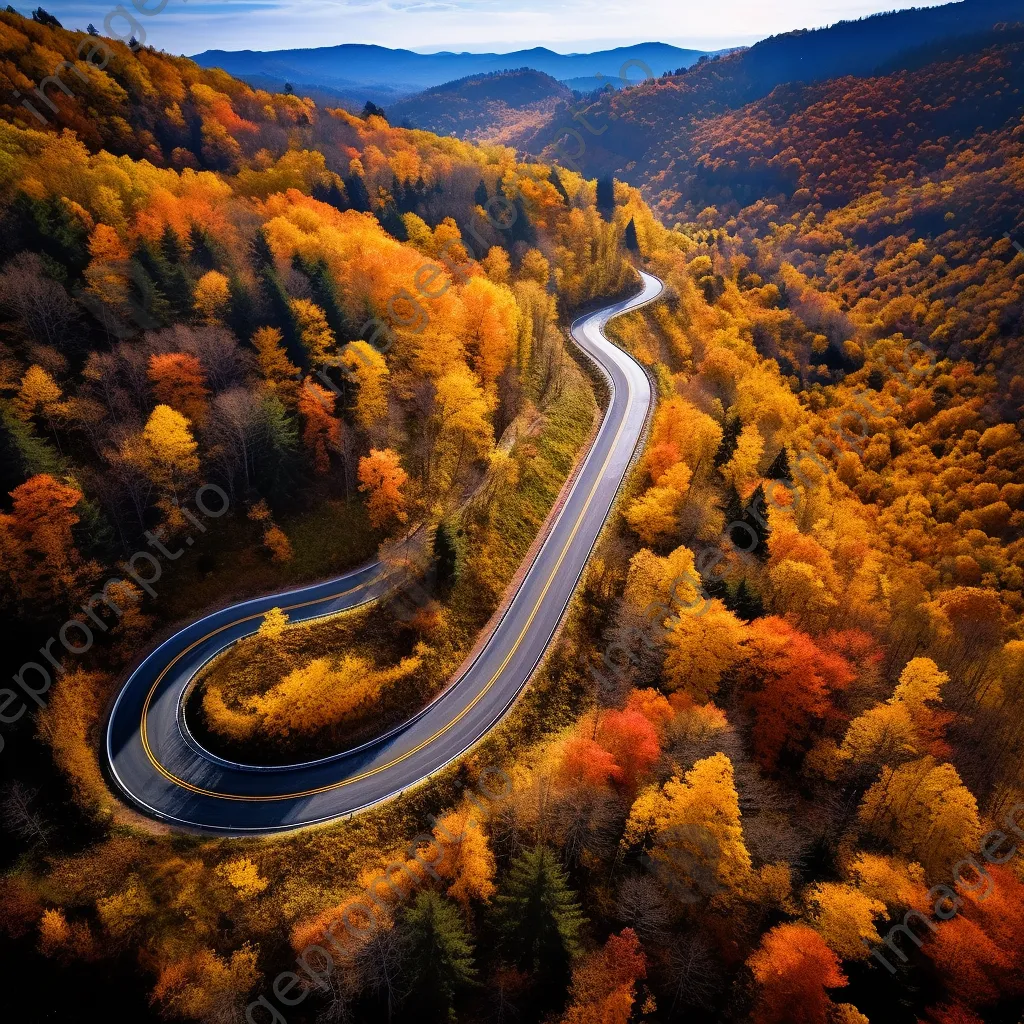 Aerial view of a winding mountain road with autumn foliage - Image 1