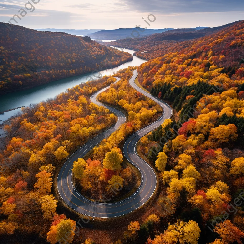 Aerial view of a winding mountain road with autumn foliage - Image 3