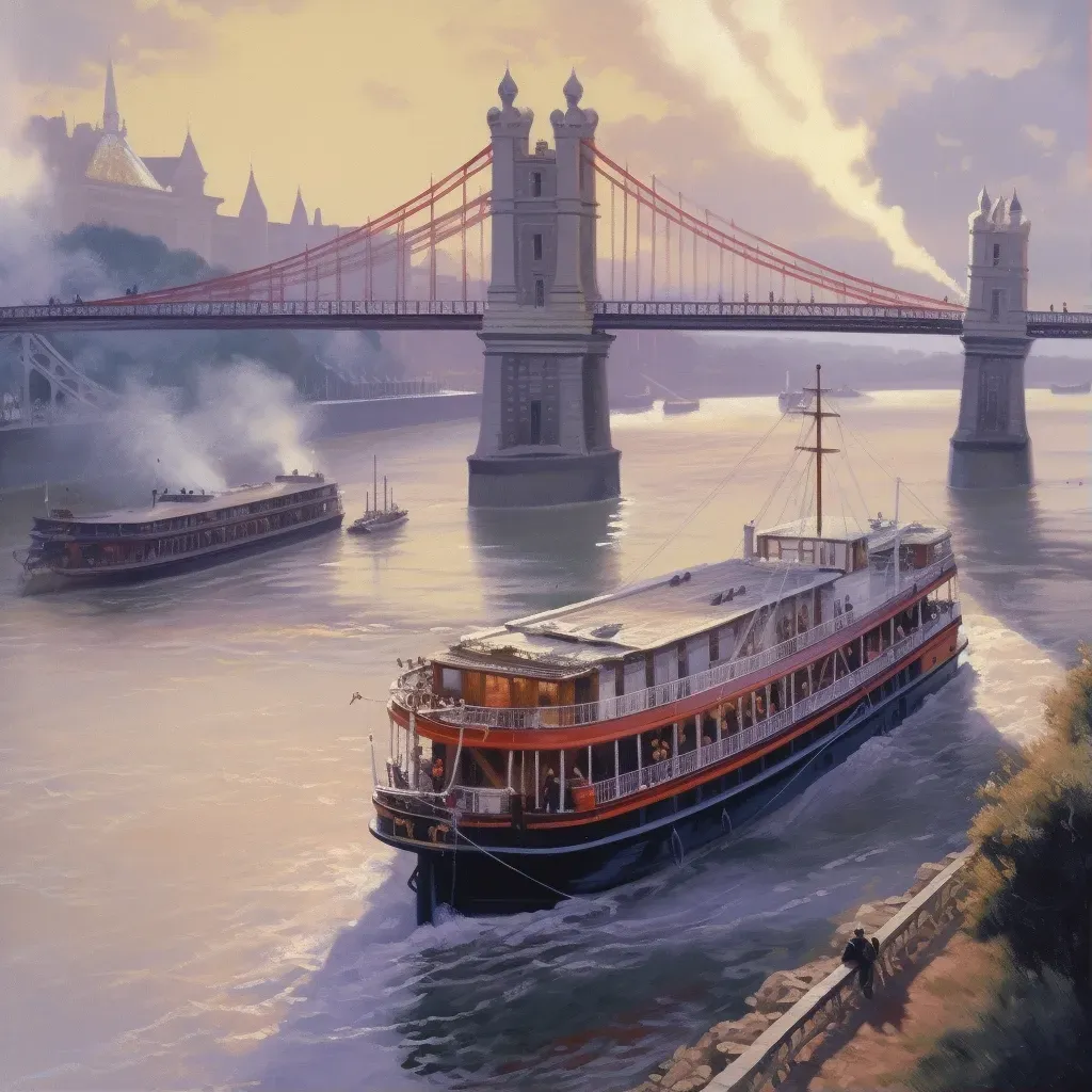 Image showing a paddle steamer on a wide river passing under a grand bridge - Image 1