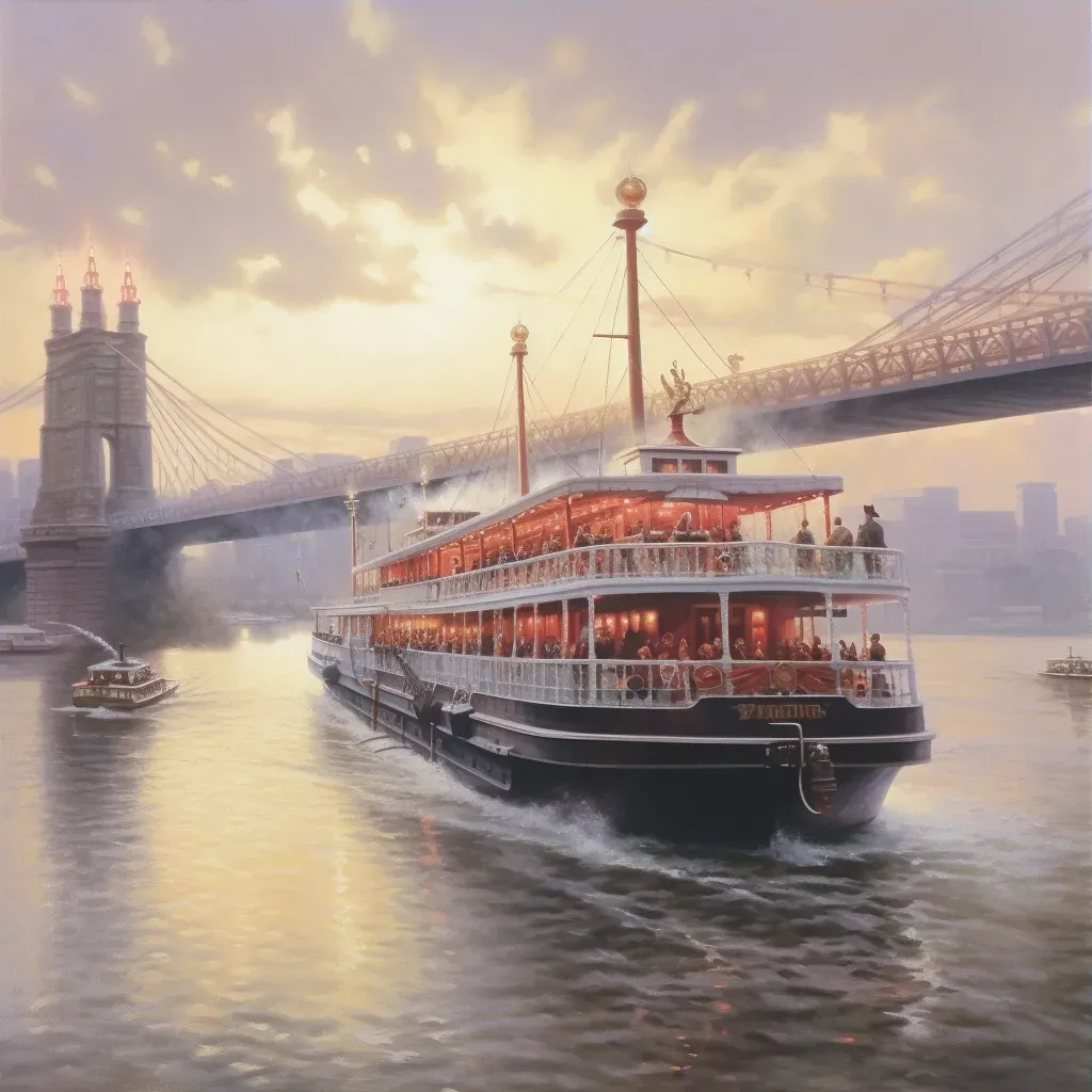 Image showing a paddle steamer on a wide river passing under a grand bridge - Image 3