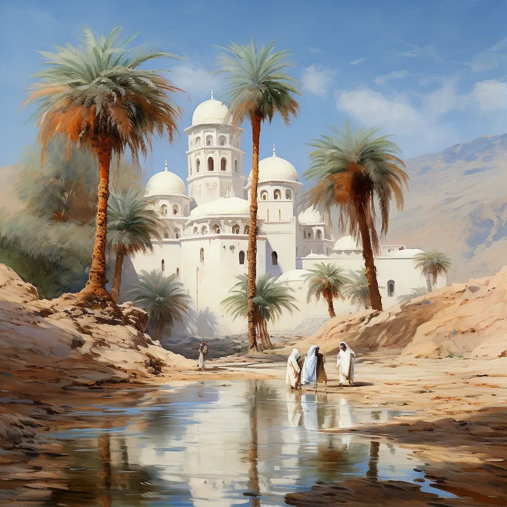 Tranquil desert monastery with oasis, palm trees, and monks in white robes - Image 1