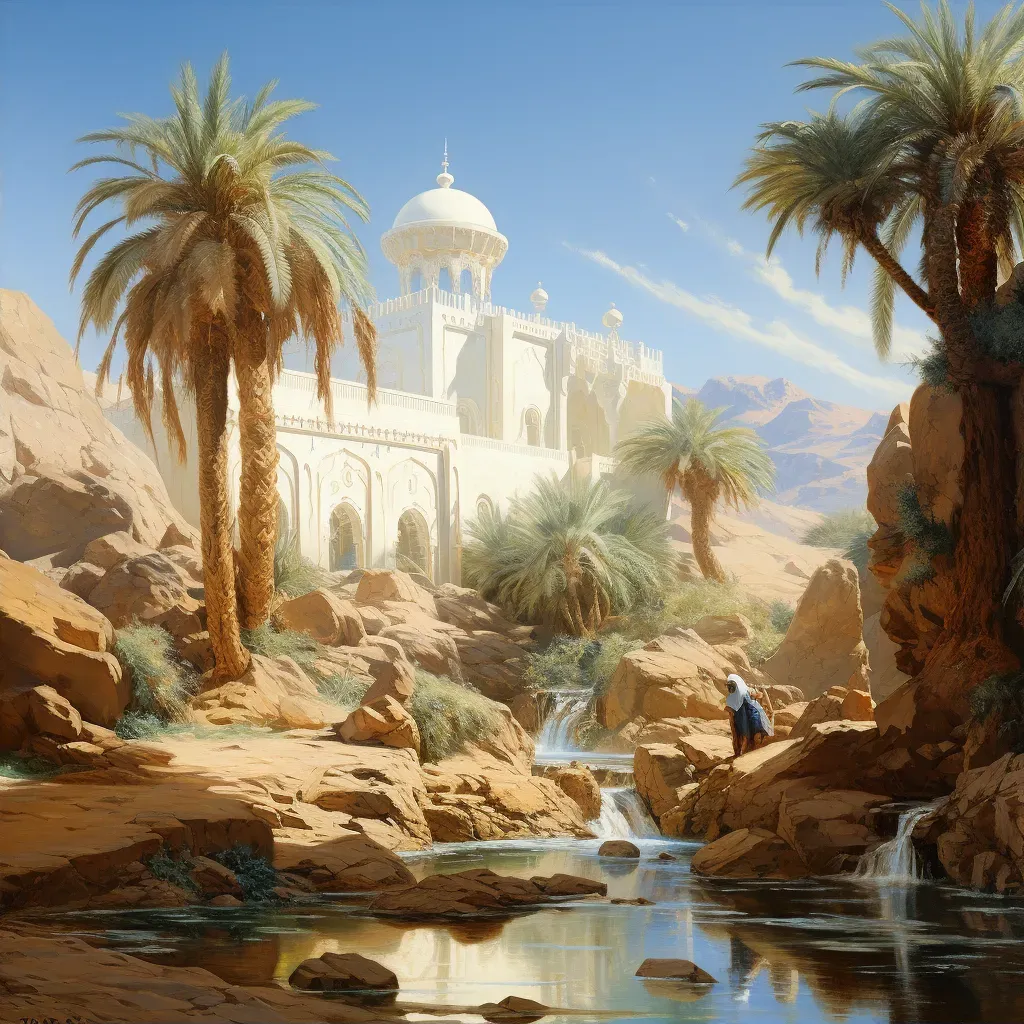 Tranquil desert monastery with oasis, palm trees, and monks in white robes - Image 2