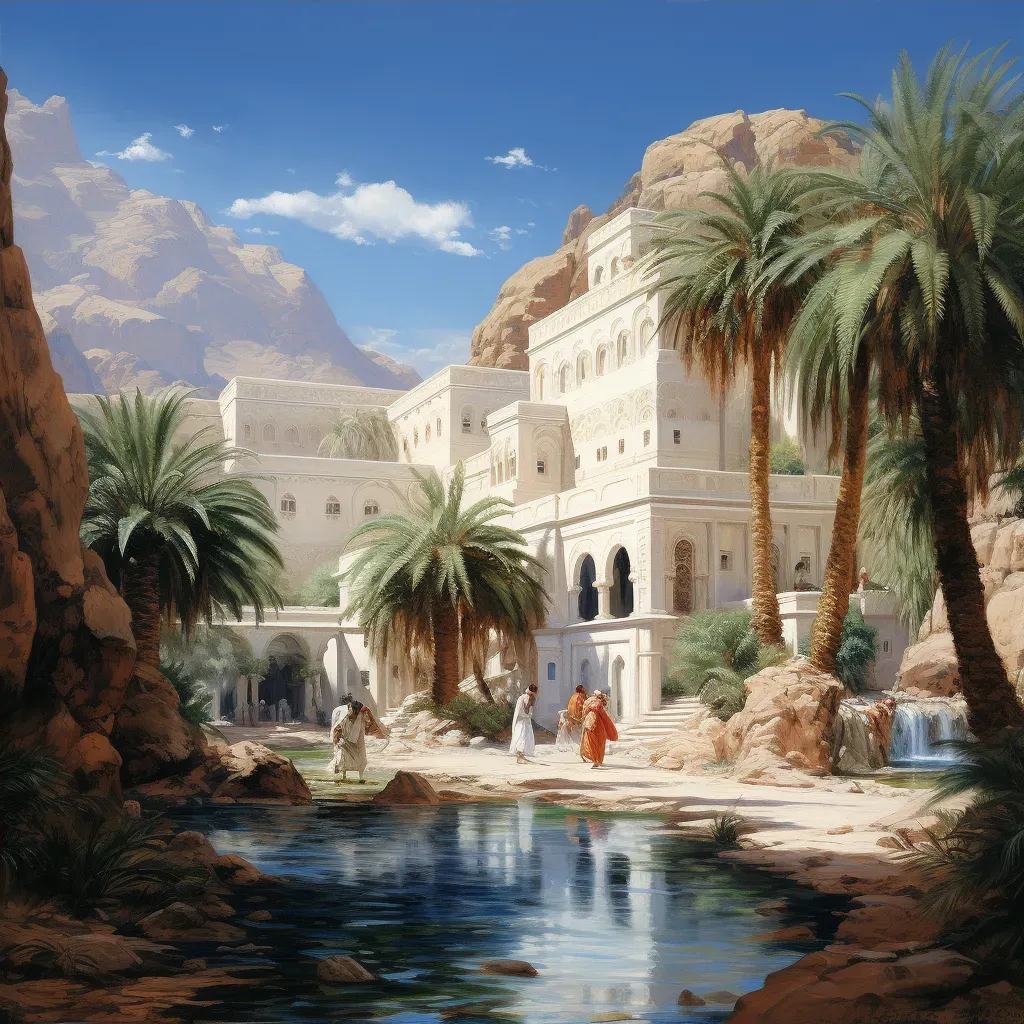 Tranquil desert monastery with oasis, palm trees, and monks in white robes - Image 4