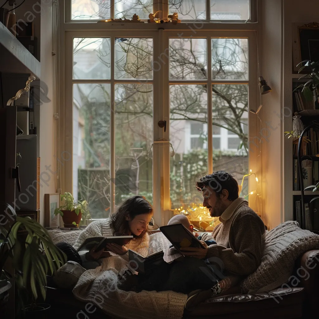 Family reading books together indoors on a rainy day. - Image 2