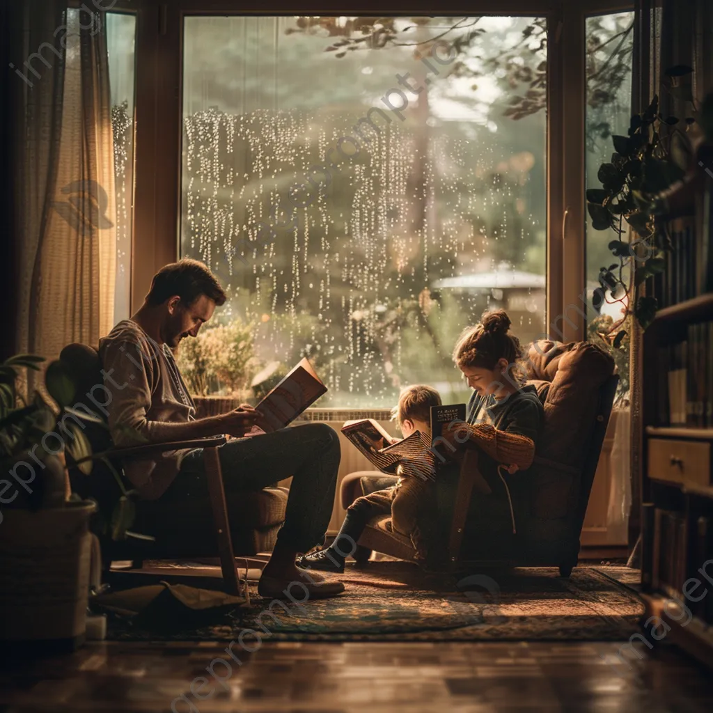 Family reading books together indoors on a rainy day. - Image 3