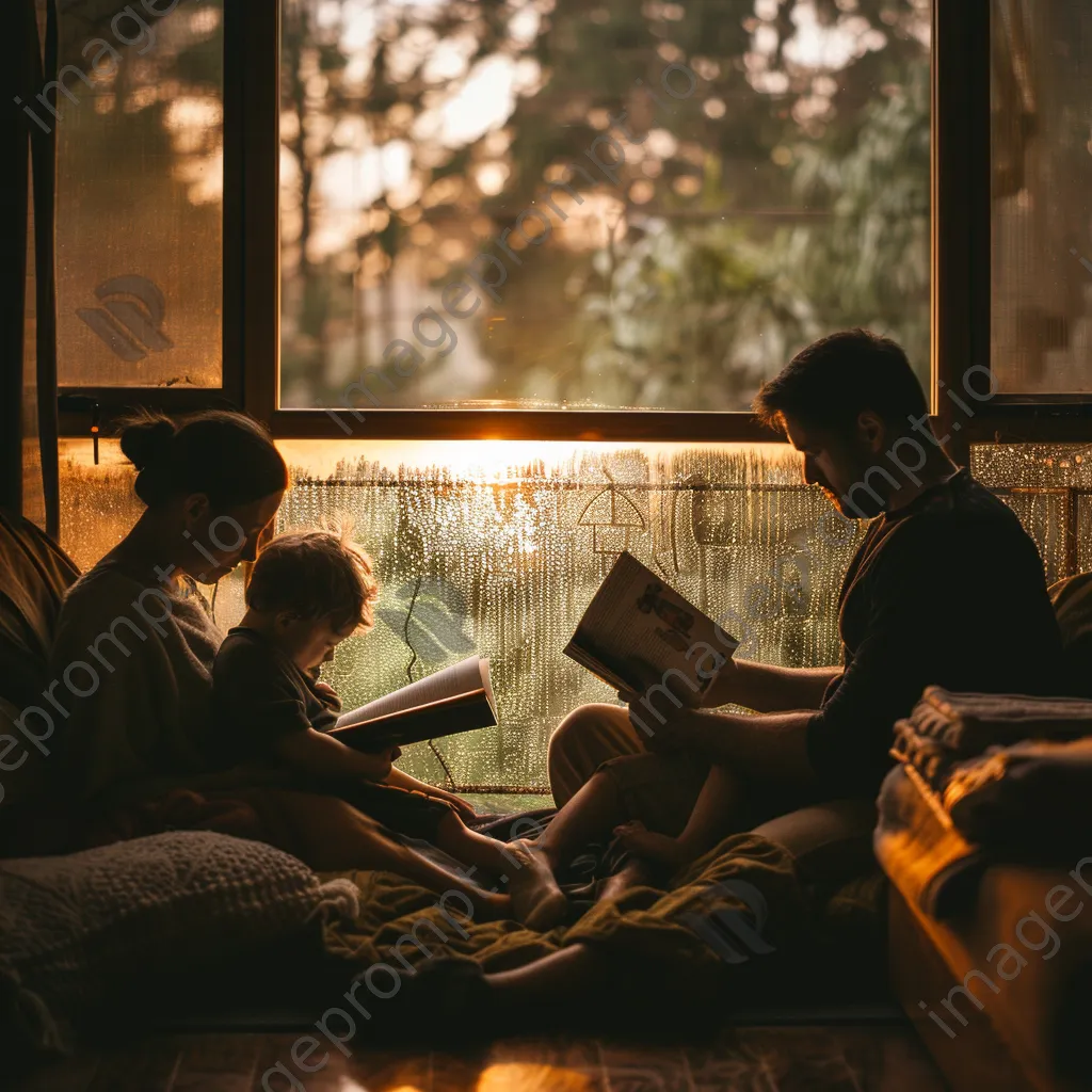 Family reading books together indoors on a rainy day. - Image 4