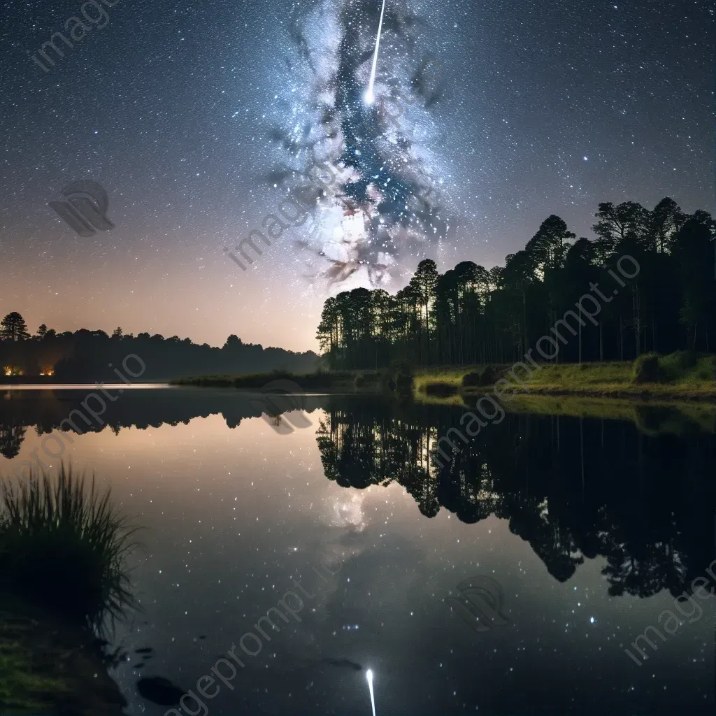 Milky Way galaxy with meteor shower over serene lake with star reflections - Image 1