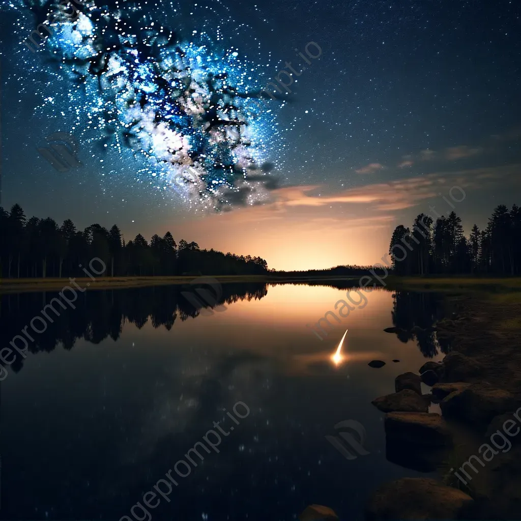 Milky Way galaxy with meteor shower over serene lake with star reflections - Image 2