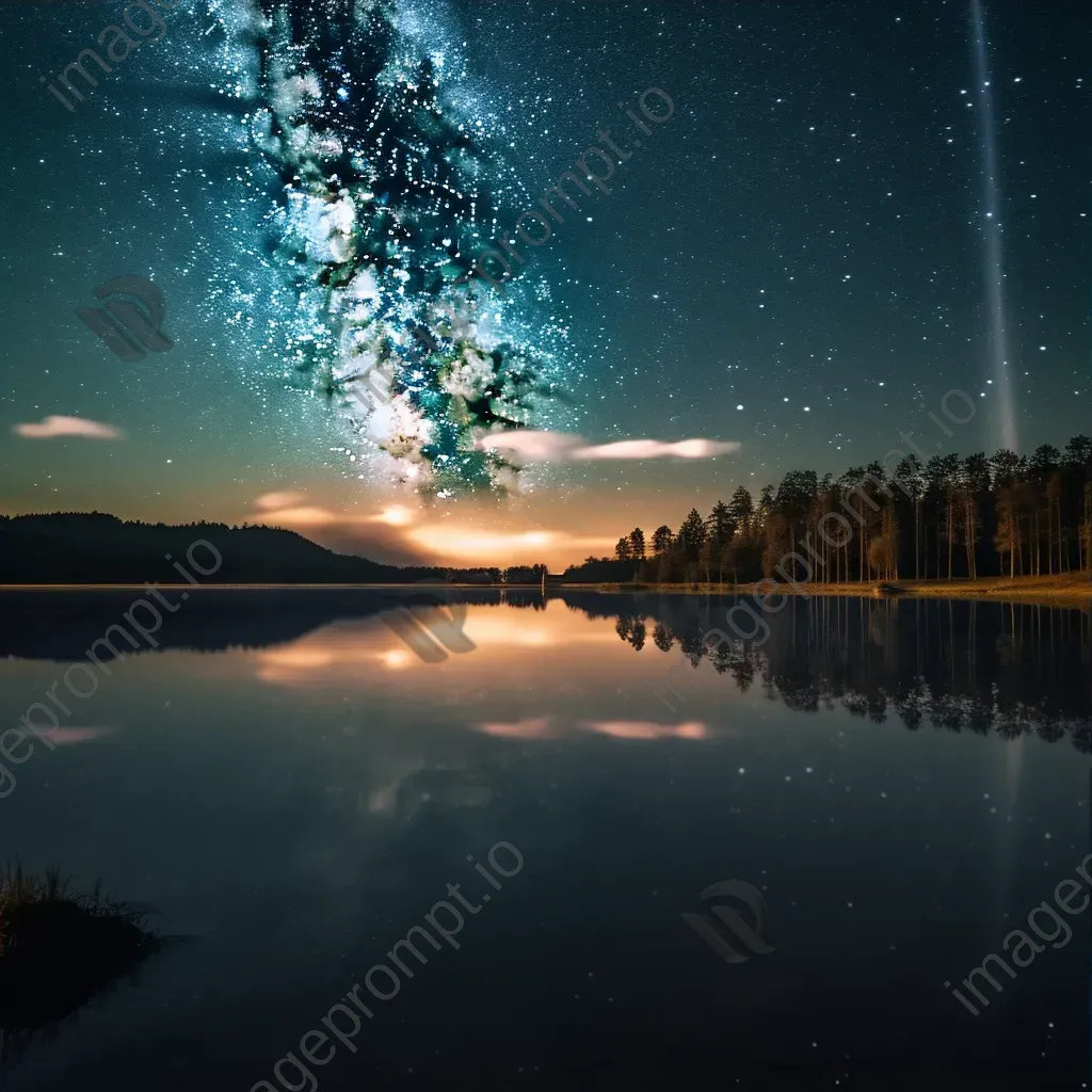 Milky Way galaxy with meteor shower over serene lake with star reflections - Image 3