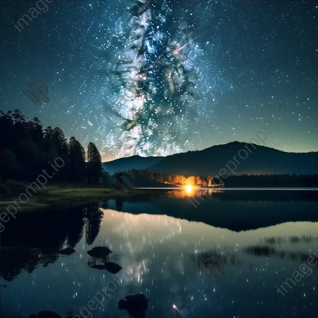 Milky Way galaxy with meteor shower over serene lake with star reflections - Image 4