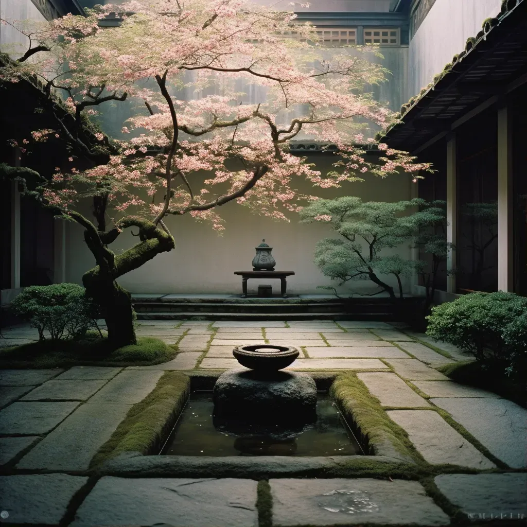 Peaceful Zen garden courtyard with cherry trees and stone bench - Image 1