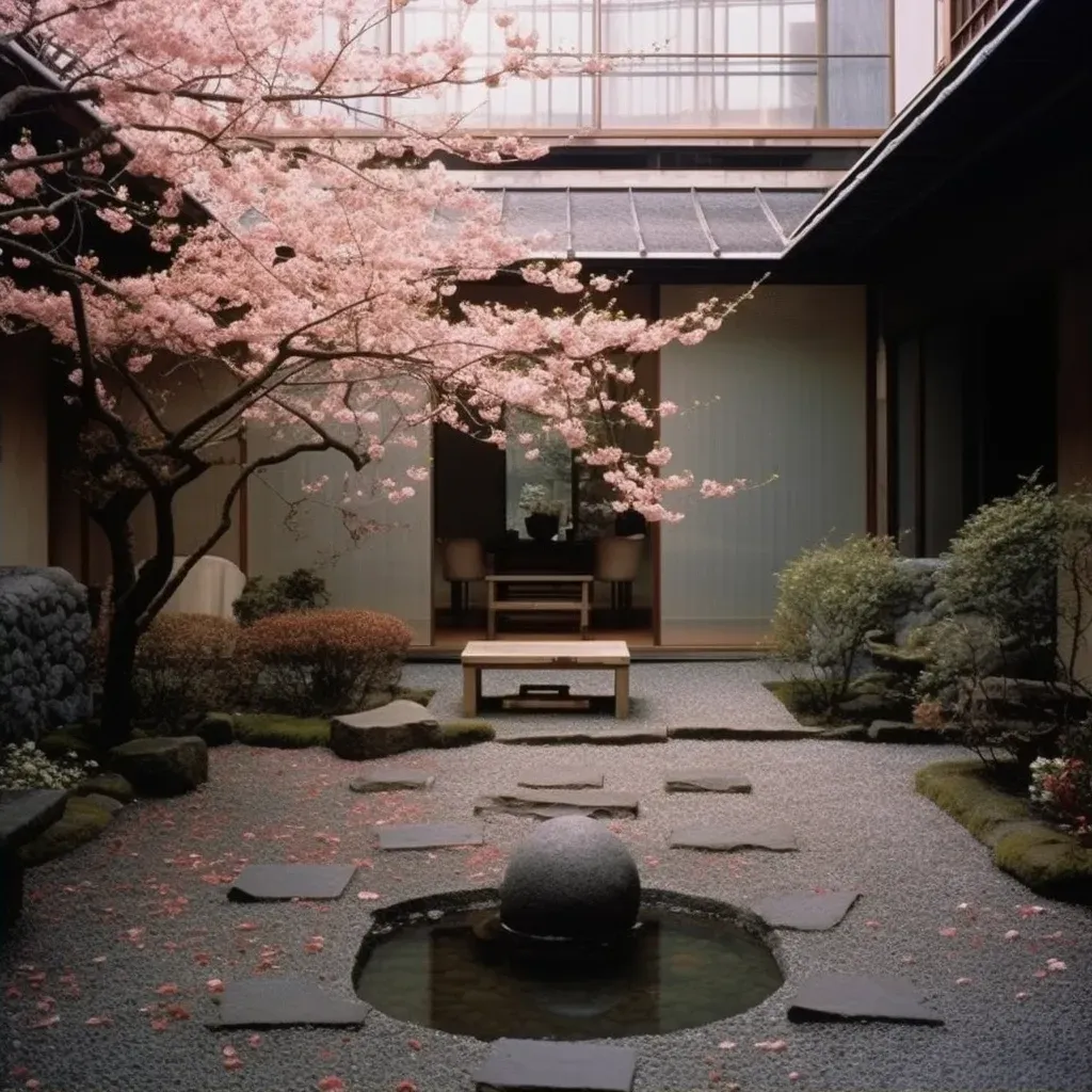 Peaceful Zen garden courtyard with cherry trees and stone bench - Image 2