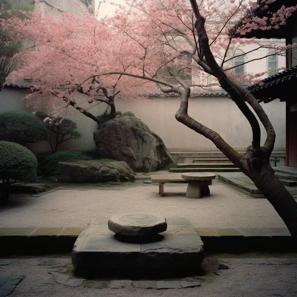 Peaceful Zen garden courtyard with cherry trees and stone bench - Image 3