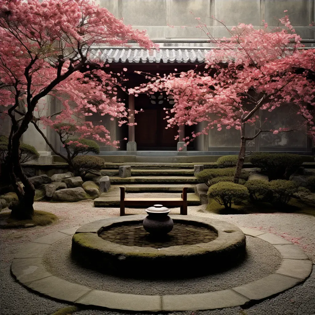 Peaceful Zen garden courtyard with cherry trees and stone bench - Image 4