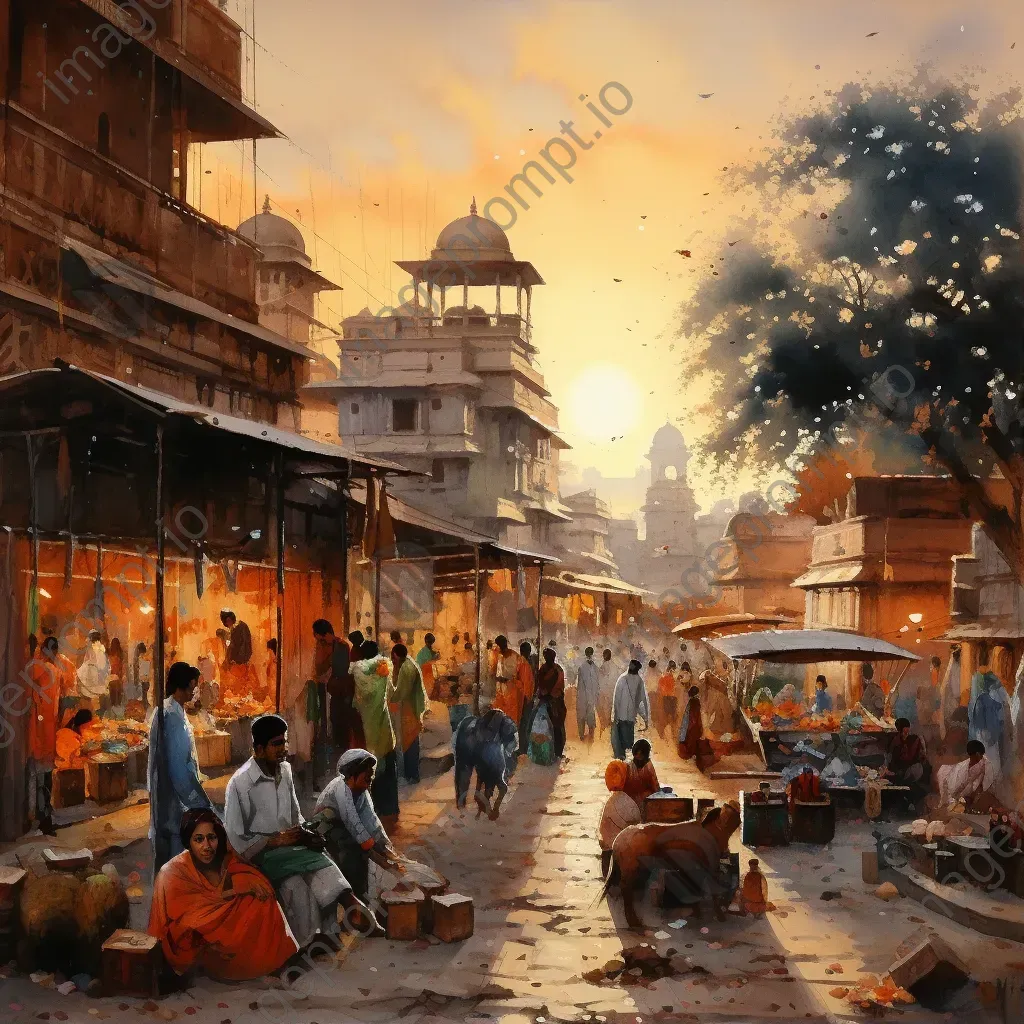 Indian spice market at sunset in Impressionistic style - Image 1