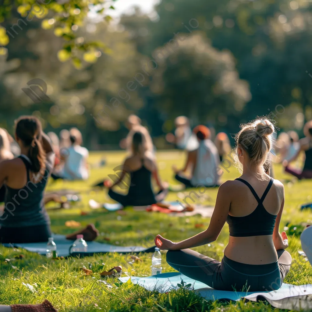 Group of people practicing yoga in a city park - Image 1