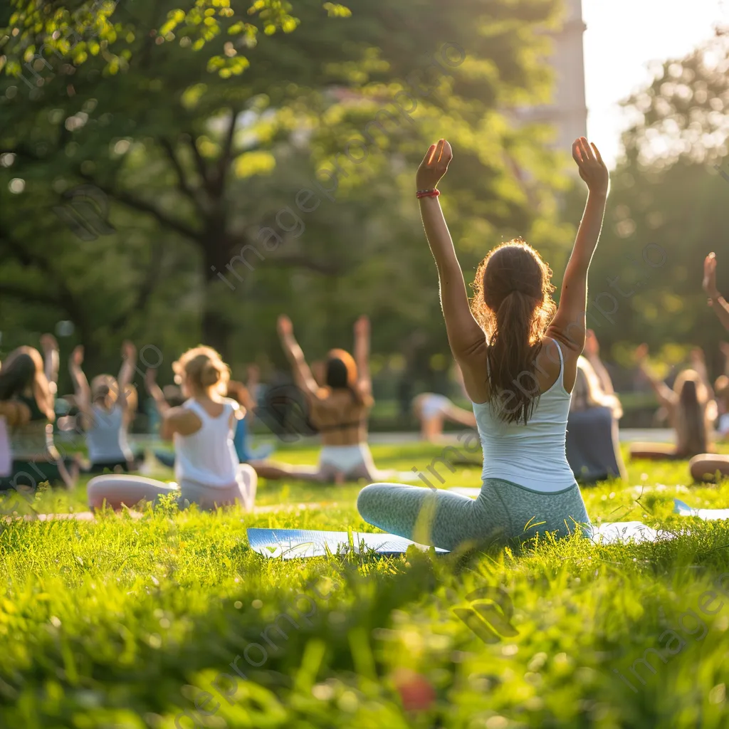 Group of people practicing yoga in a city park - Image 2