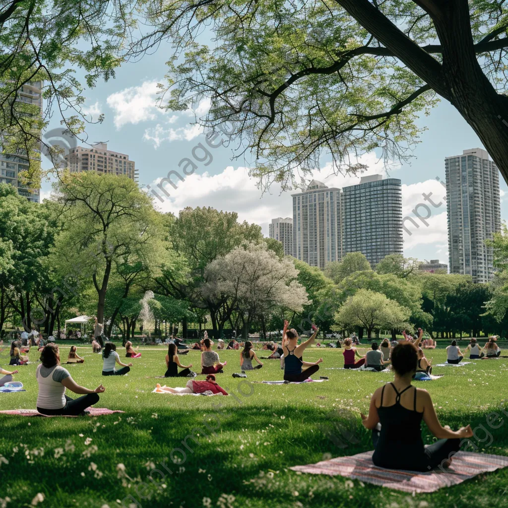 Group of people practicing yoga in a city park - Image 4