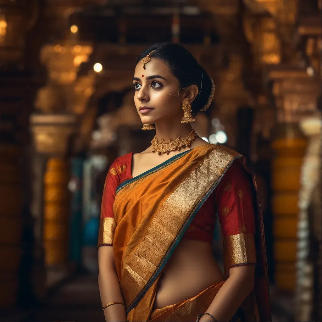 Indian woman in a rich silk saree at a majestic temple - Image 1