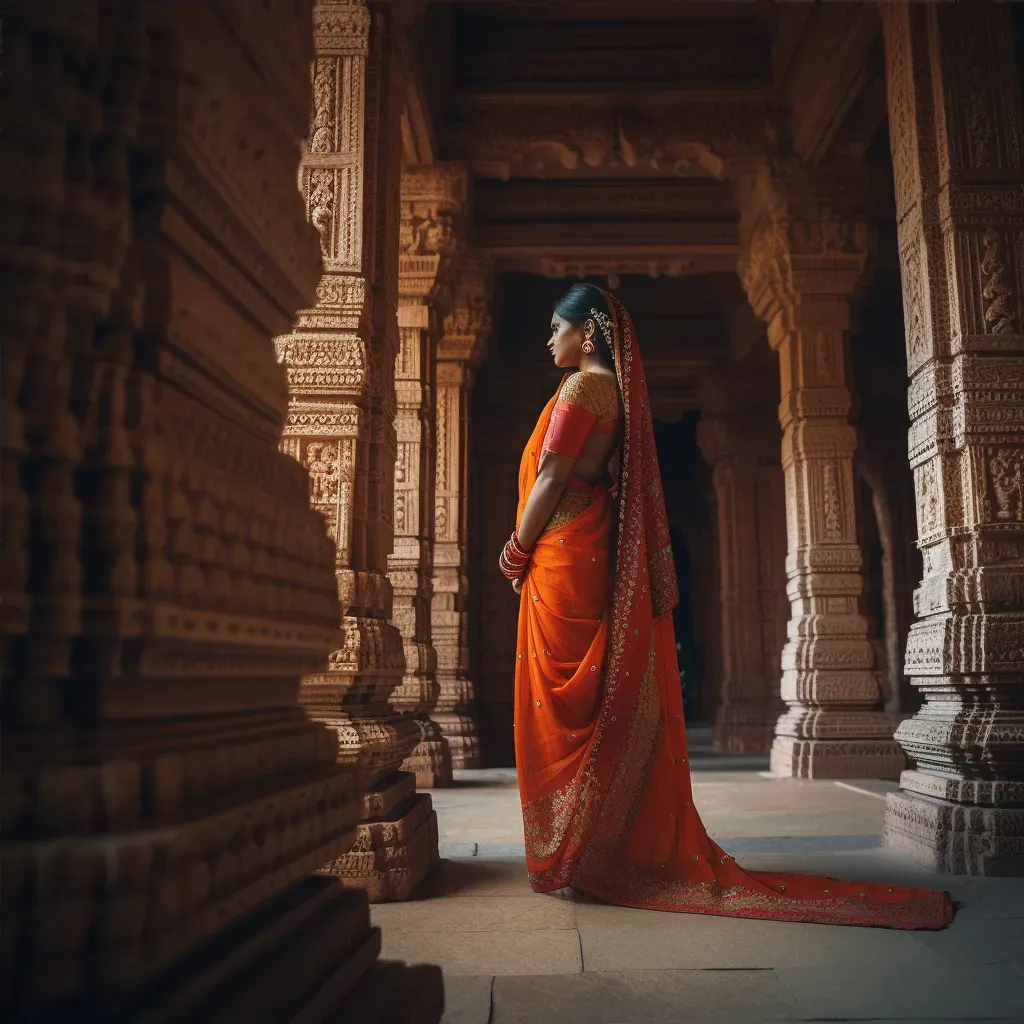 Indian woman in a rich silk saree at a majestic temple - Image 4