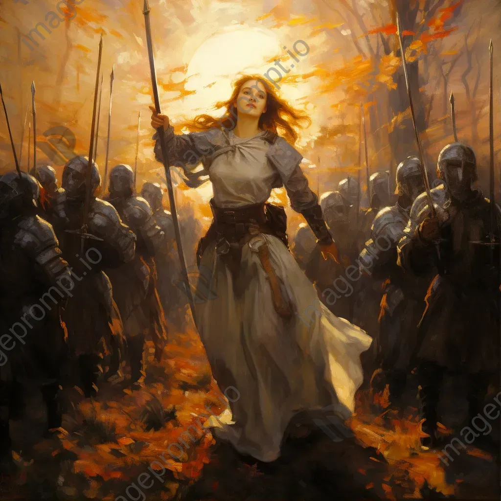 Impressionistic painting of Joan of Arc leading French soldiers into battle during sunset - Image 1