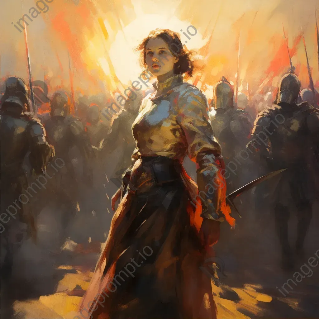 Impressionistic painting of Joan of Arc leading French soldiers into battle during sunset - Image 2