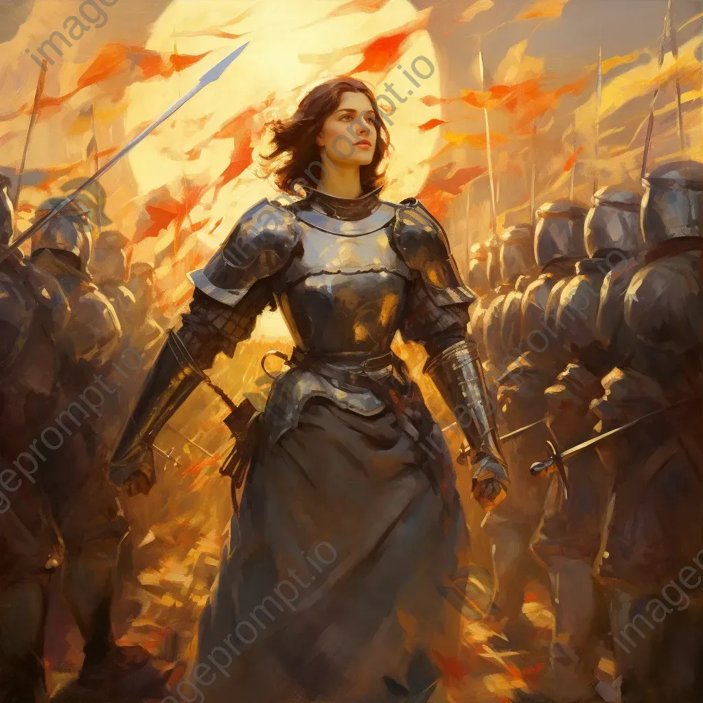 Impressionistic painting of Joan of Arc leading French soldiers into battle during sunset - Image 3