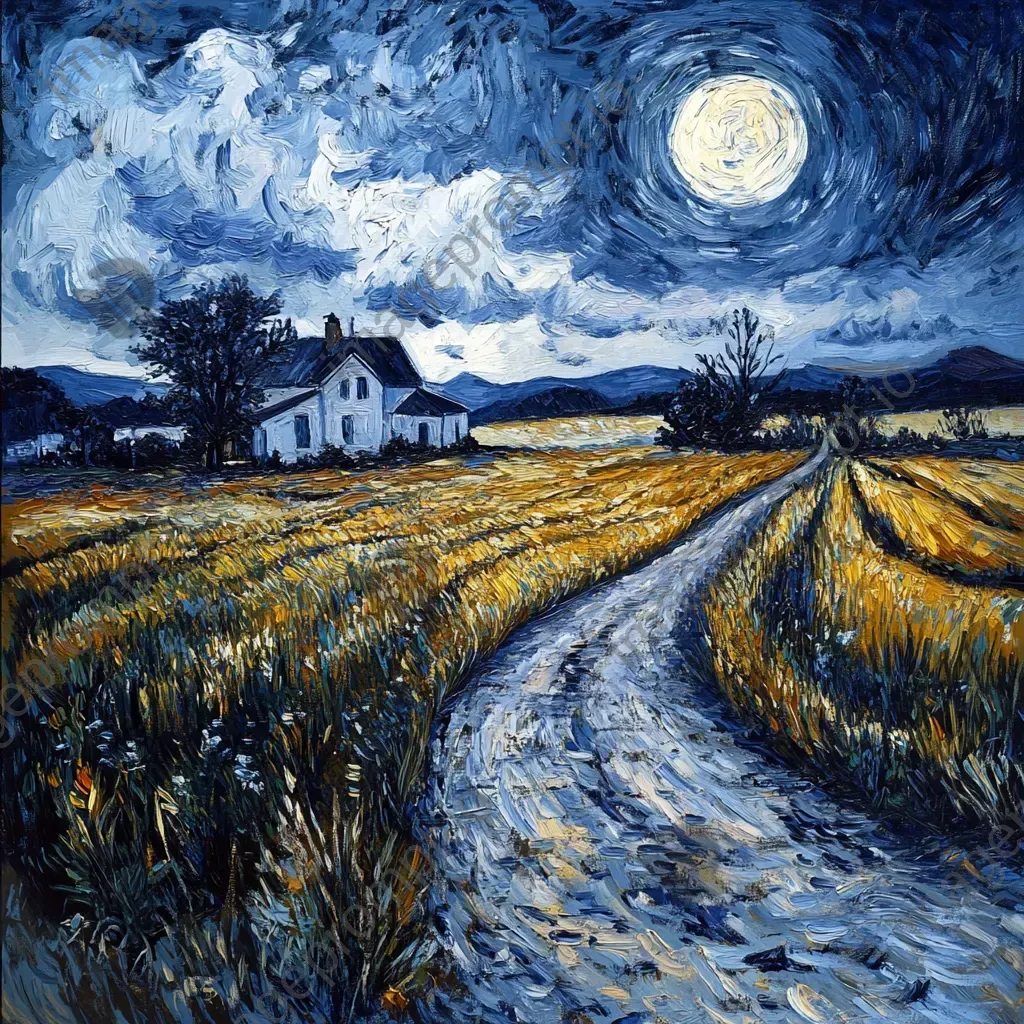 Impressionistic moonlit scene of a classic farmstead with fields bathed in silver light - Image 1