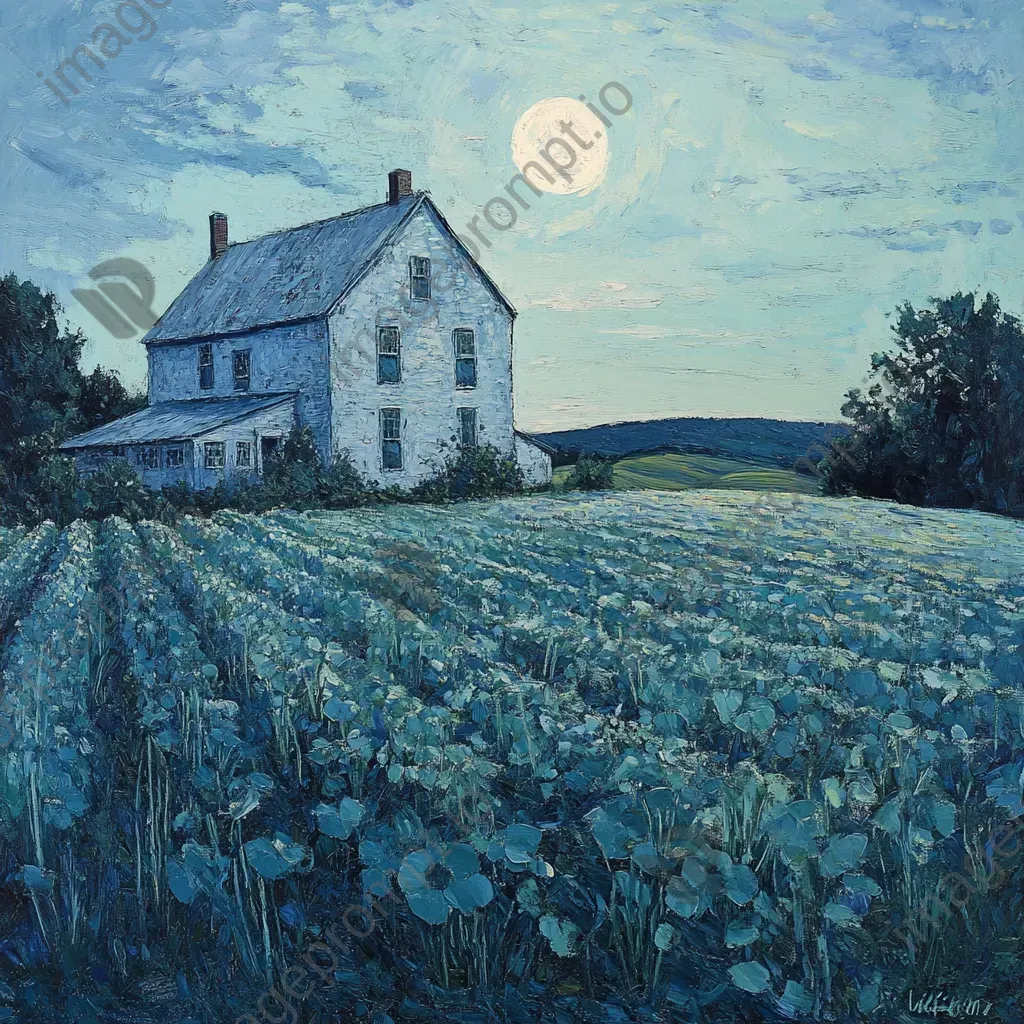 Impressionistic moonlit scene of a classic farmstead with fields bathed in silver light - Image 2