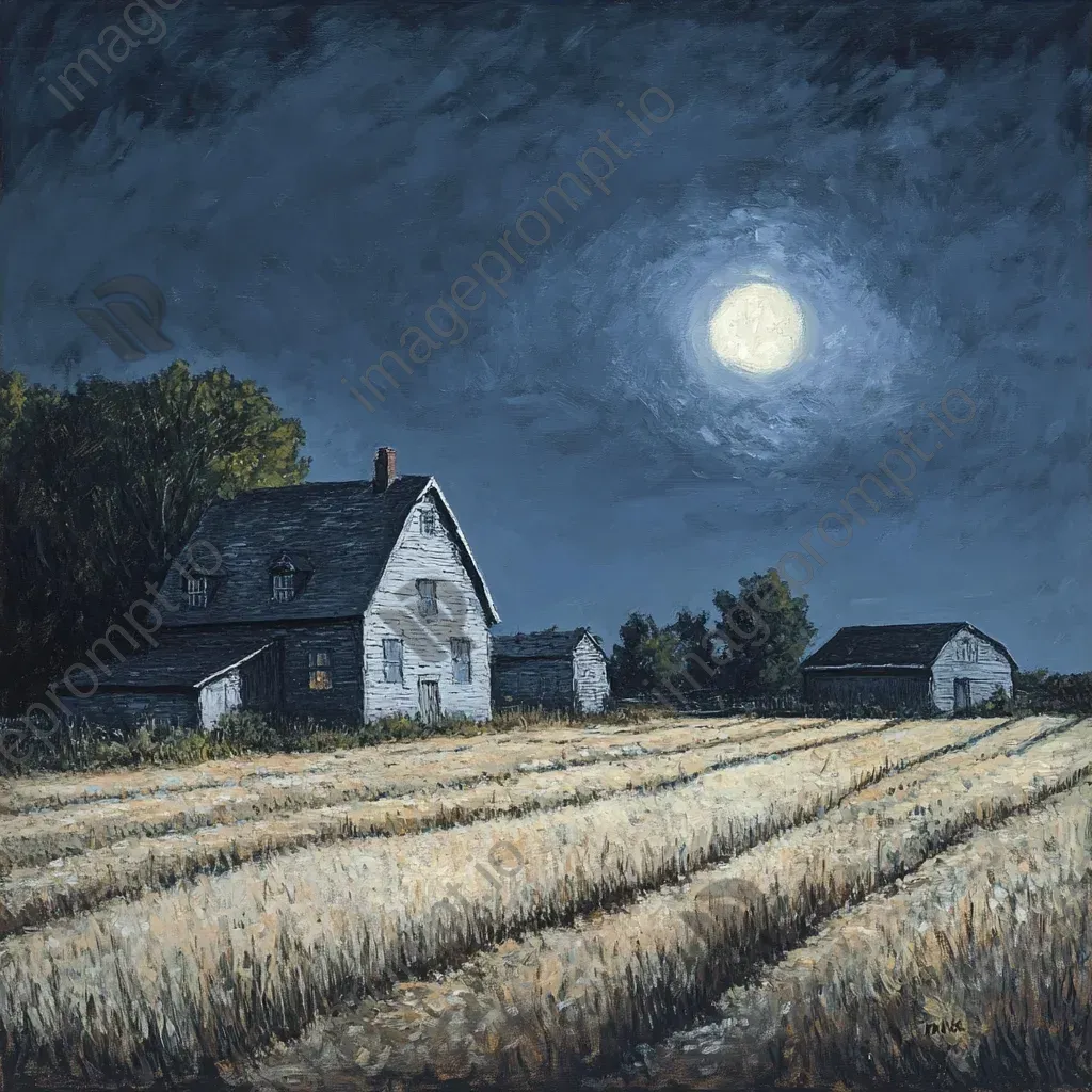 Impressionistic moonlit scene of a classic farmstead with fields bathed in silver light - Image 3