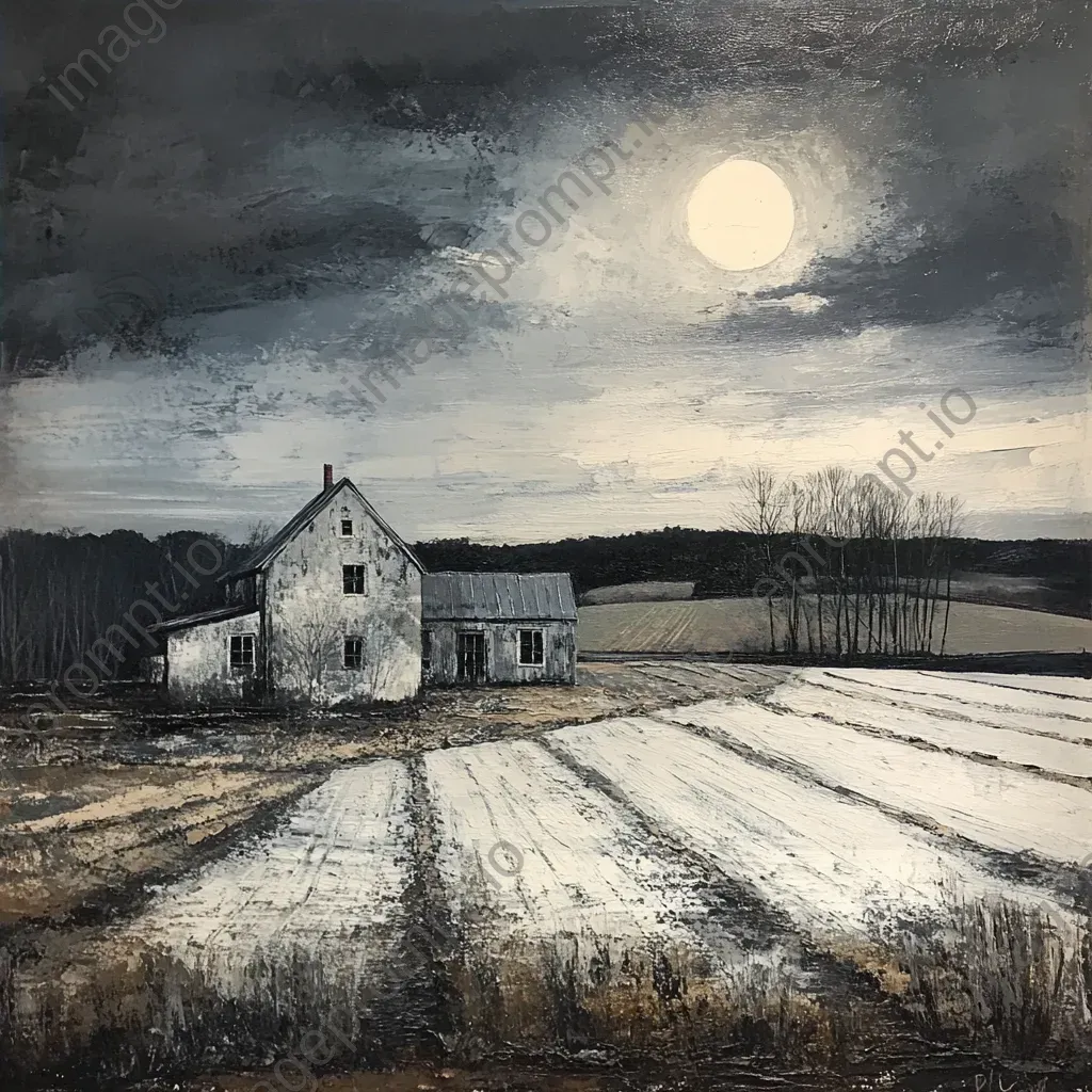 Impressionistic moonlit scene of a classic farmstead with fields bathed in silver light - Image 4