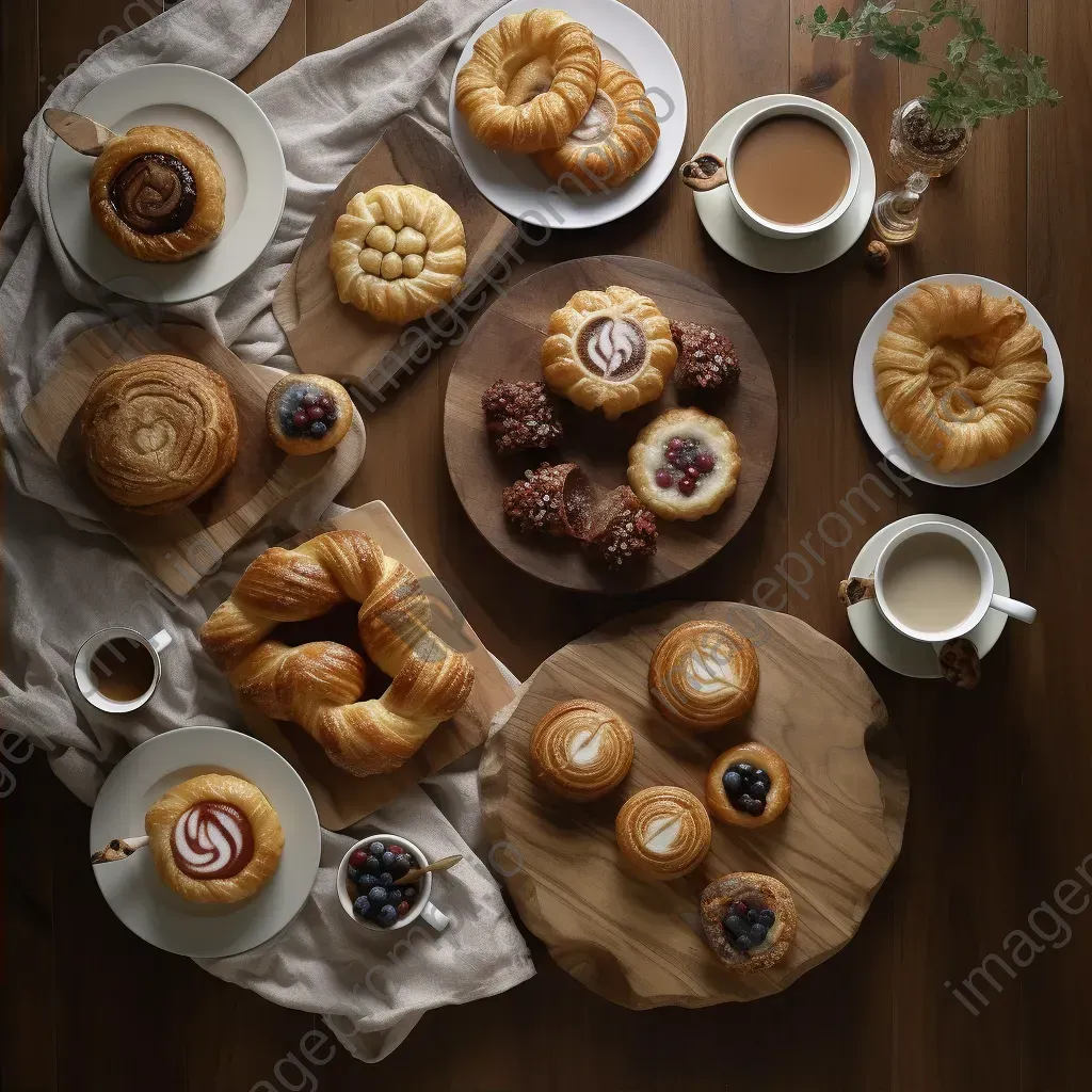 Top-down view of assorted pastries on a wooden table with tea cups and saucers - Image 2