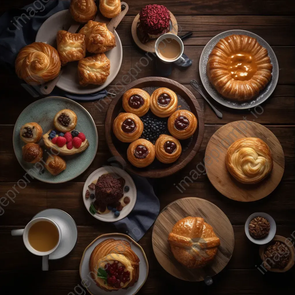 Top-down view of assorted pastries on a wooden table with tea cups and saucers - Image 3