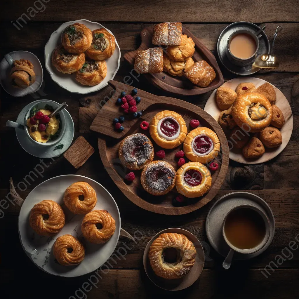 Top-down view of assorted pastries on a wooden table with tea cups and saucers - Image 4