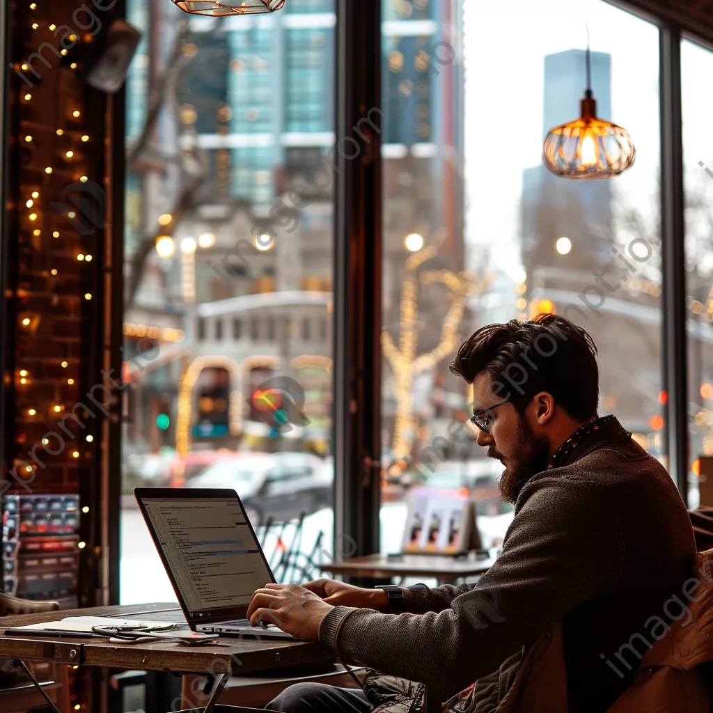 Developer working on a laptop in a coffee shop with city view. - Image 1