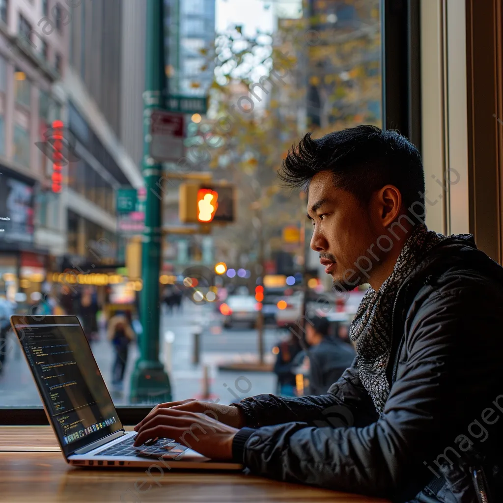 Developer working on a laptop in a coffee shop with city view. - Image 2