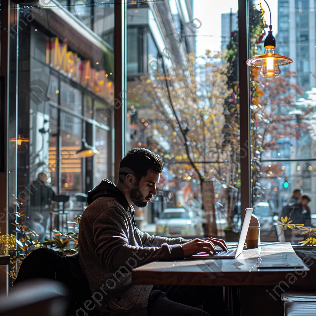 Developer working on a laptop in a coffee shop with city view. - Image 4