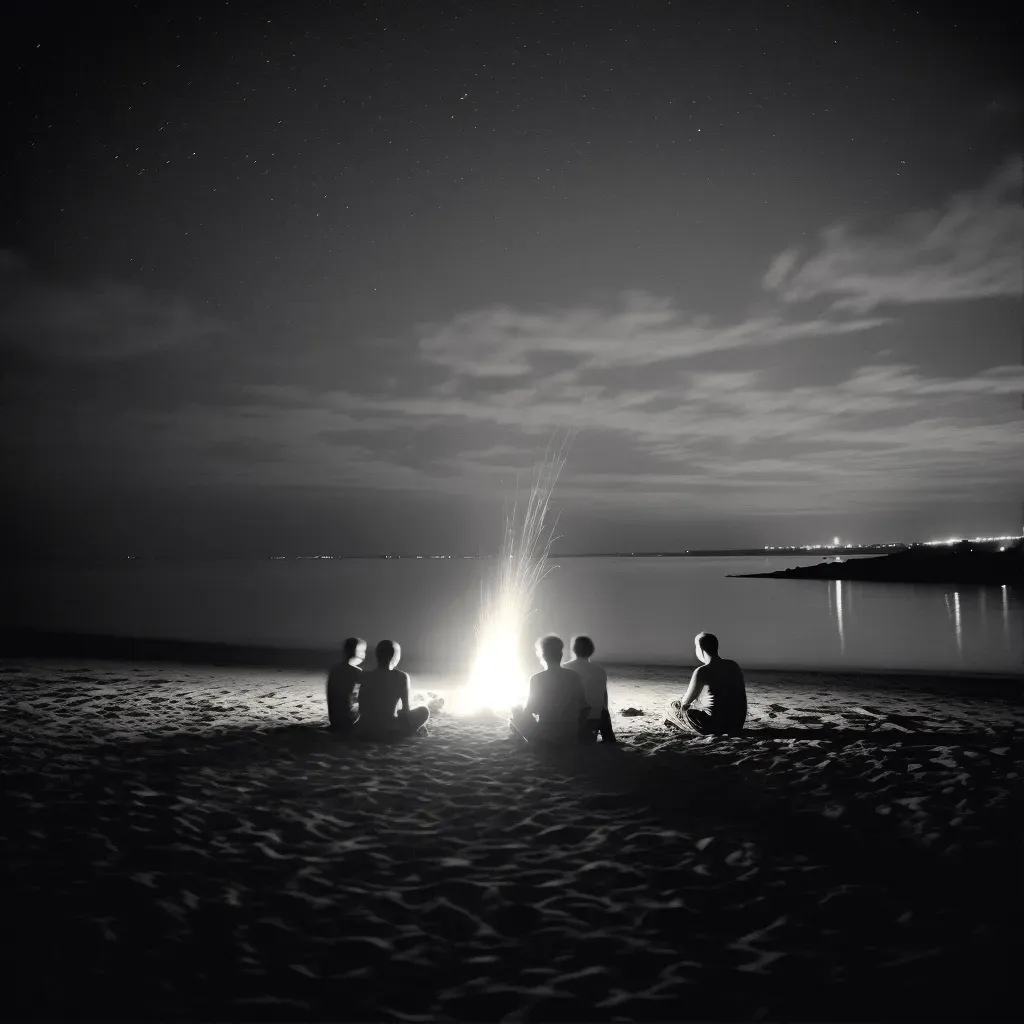 Group gathering around bonfire on summer night beach - Image 1