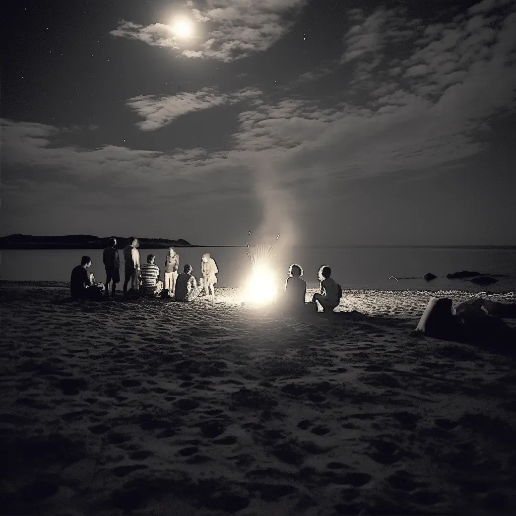 Group gathering around bonfire on summer night beach - Image 2